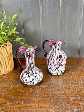 Pair of Vintage Hand Blown Bud Vases, Purle and White Mini Art Glass Ewers